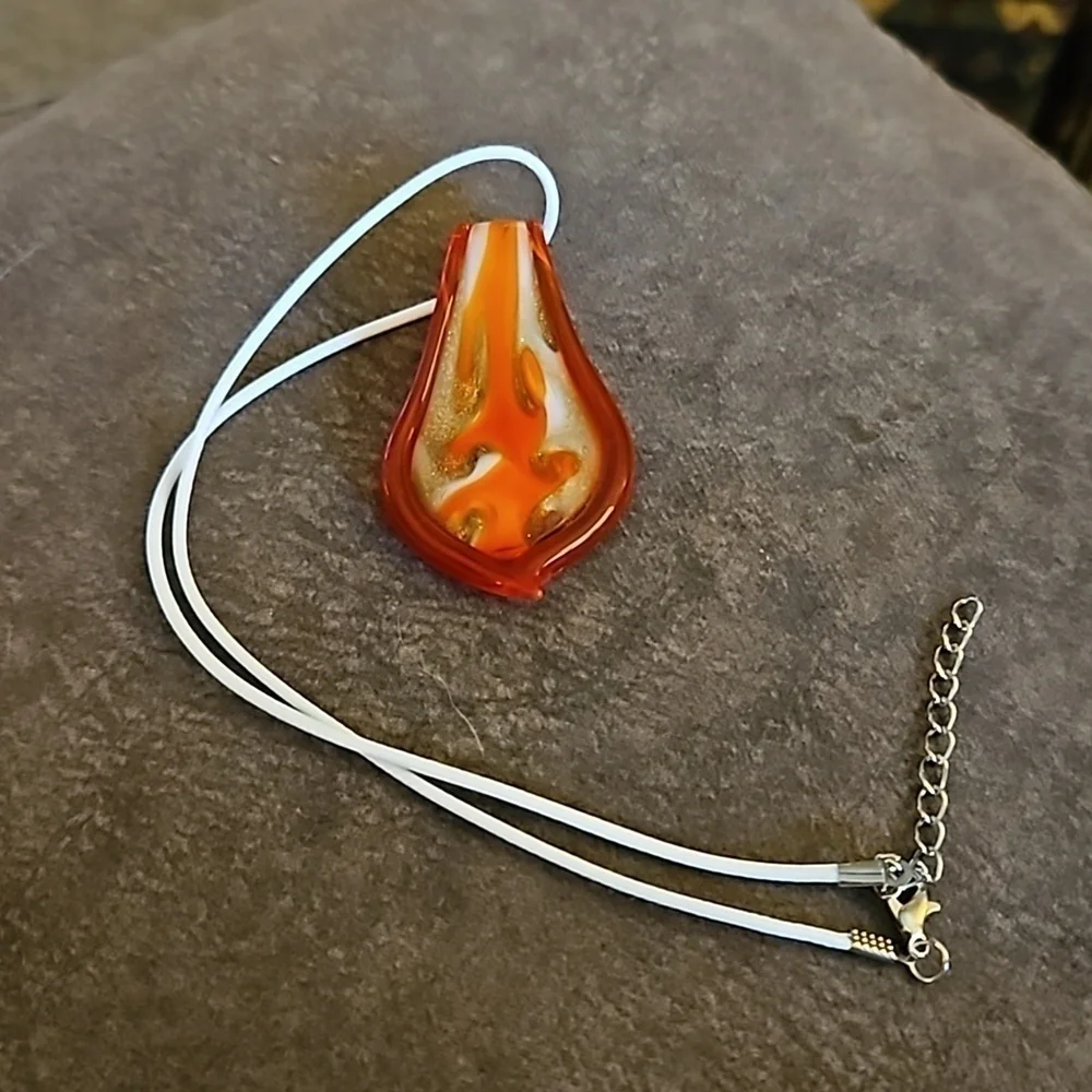 MURANO Orange Handblown Glass Pendant Rope Necklace
